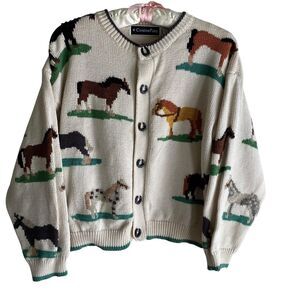 Vintage Christine Foley Sweater Girls 10 / 12 Horse Print Cardigan 90s